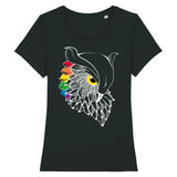 Le vétement de PrideAvenue a une chouette imprimée dessus avec 6 plumes de couleurs arc-en-ciel avec un œil jaune. c'est un tee shirt avec une coupe féminine de couleur noir