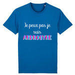 Avec le t-shirt bleu « Je peux pas, je suis Androgyne », donnez une touche de fraîcheur et d’originalité à votre style. Ce bleu vibrant se marie parfaitement avec un look urbain et met en valeur votre personnalité unique.