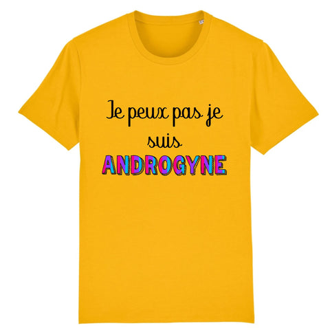 Affichez votre authenticité avec le t-shirt jaune « Je peux pas, je suis Androgyne ». Sa couleur lumineuse et audacieuse illumine votre style tout en portant un message inclusif et puissant, parfait pour la saison estivale ou pour un look qui attire l’attention.