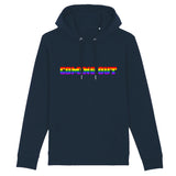 Le sweat à capuche de prideavenue.fr avec écrit dessus aux couleurs de l'arc en ciel : COMING OUT ! parfait pour aider a faire un coming-out. le sweat est de couleur bleu marine