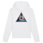 le symbole des illuminati au couleur trans de la communauté LGBT imprimé sur un sweat à capuche de couleur blanc