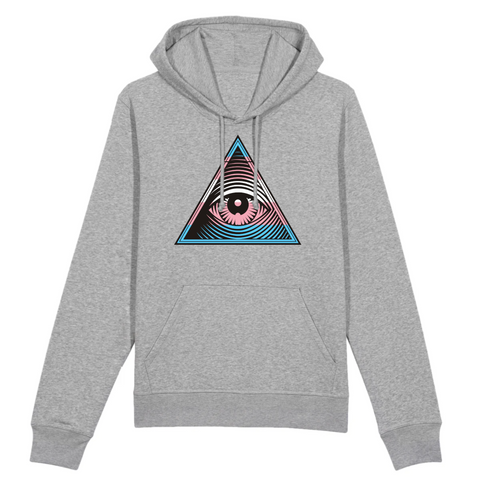 le symbole des illuminati au couleur trans de la communauté LGBT imprimé sur un sweat à capuche de couleur gris