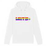 le sweat à capuche de PrideAvenue.fr parfait pour les Prides, il y a écrit dessus : LGBTQI+ au couleurs de l'arc-en-ciel. Le pull avec une capuche est de couleur Blanc