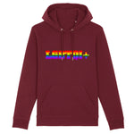 le sweat à capuche de PrideAvenue.fr parfait pour les Prides, il y a écrit dessus : LGBTQI+ au couleurs de l'arc-en-ciel. Le pull avec une capuche est de couleur Bordeaux