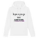 PrideAvenue présente le nouveau sweat a capuche unisexe LGBTQIAP+ avec écrit dessus : Je peux pas je suis Asexuel. Il est de la couleur blanc