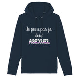 PrideAvenue présente le nouveau sweat a capuche unisexe LGBTQIAP+ avec écrit dessus : Je peux pas je suis Asexuel. Il est de la couleur Bleu Marine