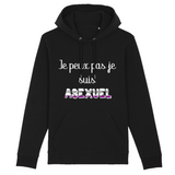 PrideAvenue présente le nouveau sweat a capuche unisexe LGBTQIAP+ avec écrit dessus : Je peux pas je suis Asexuel. Il est de la couleur noir