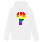 Sweat à capuche LGBT avec un "?" couleur arc-en-ciel de la communauté LGBT pour notifié et interrogé un potentiel coming-out de façon original ! le vêtement est de couleur blanc 