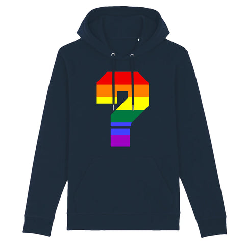 Sweat à capuche LGBT avec un "?" couleur arc-en-ciel de la communauté LGBT pour notifié et interrogé un potentiel coming-out de façon original ! le vêtement est de couleur bleu marine