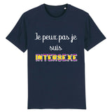 t-shirt lgbt avec écrit dessus : je peux pas je suis intersexe ! . parfait pour les fiertés et marches des fiertés. le vetement est de couleur bleu marine