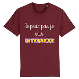 t-shirt lgbt avec écrit dessus : je peux pas je suis intersexe ! . parfait pour les fiertés et marches des fiertés. le vetement est de couleur bordeaux