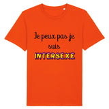 t-shirt lgbt avec écrit dessus : je peux pas je suis intersexe ! . parfait pour les fiertés et marches des fiertés. le vetement est de couleur orange