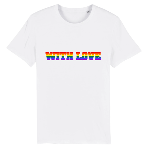 Le T-shirt WITH LOVE de PrideAvenue au style urbain est parfait pour vous ! il est imprimé du slogan sur le devant aux couleurs de l'arc-en-ciel ! le vêtement est de couleur Blanc Pure