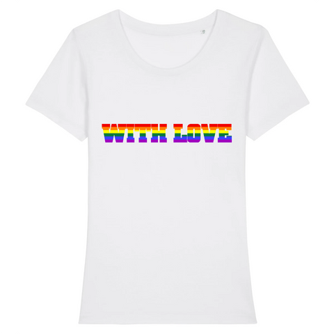 Le t-shirt de PrideAvenue à la coupe raffinée parfait pour envoyer un message d'amour ! il est imprimé de WITH LOVE aux couleurs de l'arc-en-ciel ! le T-shirt LGBTQ est de couleur Blanc