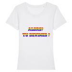 Voici le t-shirt parfait pour annoncer son Coming-out de façon original. c'est un vêtement avec ecrit dessus "Alors ? Tu Devines ?" en couleurs Arc-en-ciel. ce T-shirt précisément est de couleur Blanc ! Simple Clair et Précis