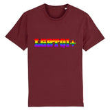 T-shirt de PrideAvenue.fr a la coupe Urbaine, il y a imprimé dessus : LGBTQI+ ! aux couleurs Arc-en-ciel sur un vêtement de la couleur Bordeaux