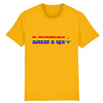 T-shirt de PrideAvenue.fr a la coupe Urbaine, il y a imprimé dessus : LGBTQI+ ! aux couleurs Arc-en-ciel sur un vêtement de la couleur Jaune