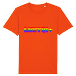 T-shirt de PrideAvenue.fr a la coupe Urbaine, il y a imprimé dessus : LGBTQI+ ! aux couleurs Arc-en-ciel sur un vêtement de la couleur Orange