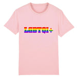 T-shirt de PrideAvenue.fr a la coupe Urbaine, il y a imprimé dessus : LGBTQI+ ! aux couleurs Arc-en-ciel sur un vêtement de la couleur Rose