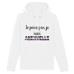 un sweat a capuche pour les personnes "asexuelle". il y a imprimé dessus : je peux pas je suis asexuelle. le vetement est de couleur blanc