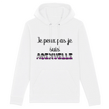 un sweat a capuche pour les personnes "asexuelle". il y a imprimé dessus : je peux pas je suis asexuelle. le vetement est de couleur blanc