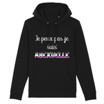 un sweat a capuche pour les personnes "asexuelle". il y a imprimé dessus : je peux pas je suis asexuelle. le vetement est de couleur noir