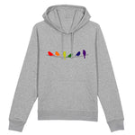 pull a capuche de la marque pride avenue point FR le vetement LGBT est orné d'oiseaux en couleurs arc-en-ciel au nombre de 6 pour chacune des couleurs. le sweat a capuche est de couleur gris