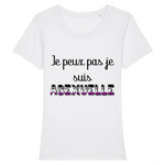 un t-shirt parfait pour les prides et plus encore ! idéal pour une silhouette raffinée, ce vêtement de la marque PrideAvenue vous ira a ravir. il y a imprimé dessus le message suivant : Je Peux Pas Je Suis ASEXUELLE avec les couleur qui correspond bien. le t-shirt est de couleur Blanc