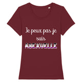 un t-shirt parfait pour les prides et plus encore ! idéal pour une silhouette raffinée, ce vêtement de la marque PrideAvenue vous ira a ravir. il y a imprimé dessus le message suivant : Je Peux Pas Je Suis ASEXUELLE avec les couleur qui correspond bien. le t-shirt est de couleur bordeaux 