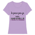 un t-shirt parfait pour les prides et plus encore ! idéal pour une silhouette raffinée, ce vêtement de la marque PrideAvenue vous ira a ravir. il y a imprimé dessus le message suivant : Je Peux Pas Je Suis ASEXUELLE avec les couleur qui correspond bien. le t-shirt est de couleur Lavande