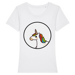 t-shirt de la marque PrideAvenue avec un rond au centre contenant une jolie licorne kawaii avec une crinière arc en ciel de couleur blanc