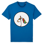 t-shirt de la marque PrideAvenue avec un rond au centre contenant une jolie licorne kawaii avec une crinière arc en ciel de couleur bleu