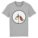 t-shirt de la marque PrideAvenue avec un rond au centre contenant une jolie licorne kawaii avec une crinière arc en ciel de couleur gris