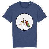 t-shirt de la marque PrideAvenue avec un rond au centre contenant une jolie licorne kawaii avec une crinière arc en ciel de couleur indigo