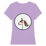 t-shirt de la marque PrideAvenue avec un rond au centre contenant une jolie licorne kawaii avec une crinière arc en ciel de couleur lavande