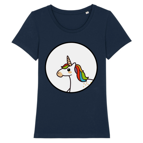 t-shirt de la marque PrideAvenue avec un rond au centre contenant une jolie licorne kawaii avec une crinière arc en ciel de couleur marine