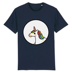 t-shirt de la marque PrideAvenue avec un rond au centre contenant une jolie licorne kawaii avec une crinière arc en ciel de couleur marine