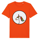 t-shirt de la marque PrideAvenue avec un rond au centre contenant une jolie licorne kawaii avec une crinière arc en ciel de couleur orange