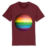 T-shirt de la marque PrideAvenue col rond avec la planete Jupiter de couleur arc en ciel sur un fond bordeaux