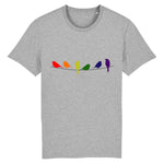 T-shirt Unisexe de la marque PrideAvenue.fr, il est orné de six oiseaux tous représentant les couleurs de l'arc-en-ciel. le vêtement est de couleur gris