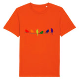T-shirt Unisexe de la marque PrideAvenue.fr, il est orné de six oiseaux tous représentant les couleurs de l'arc-en-ciel. le vêtement est de couleur orange trés peu vu ailleurs