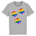 t-shirt gris avec un dessin de 3 pattes de chien aux couleurs arc-en-ciel