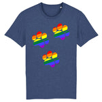 t-shirt bleu foncé avec un dessin de 3 pattes de chien aux couleurs arc-en-ciel