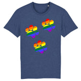 t-shirt bleu foncé avec un dessin de 3 pattes de chien aux couleurs arc-en-ciel
