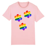 t-shirt rose avec un dessin de 3 pattes de chien aux couleurs arc-en-ciel