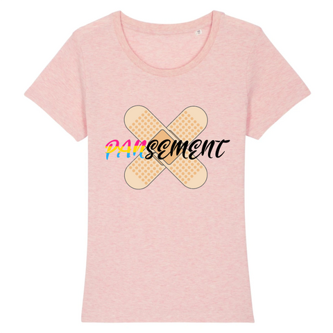 T-shirt LGBT de la marque PrideAvenue.fr avec un jeu-de-mot avec le mot Pansement, celui-ci est relié au Pansexuels de la communauté LGBT. Le vêtement est de couleur rose