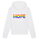 sweat à capuche de la marque PrideAvenue.fr. le sweat est de haute qualité et il y a "HOPE3 qui signifie espoir imprimé sur le devant. ce sweat est blanc 