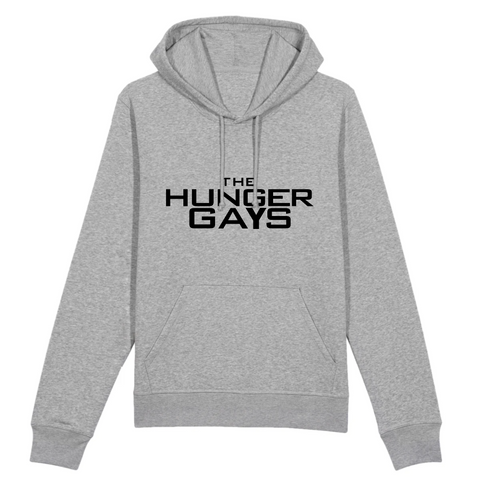 sweat à capuche -lesbienn gay bi et trans connu avec la série the hunger game. ce vetement est imprimé avec la phrase : the hunger gay pour la blague. le sweat est de couleur gris