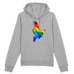 la colombe en couleurs de la communauté LGBT donc en arc-en-ciel, en plein milieu du sweat à capuche de couleur gris comme si la liberté etait au centre de votre vie ! 