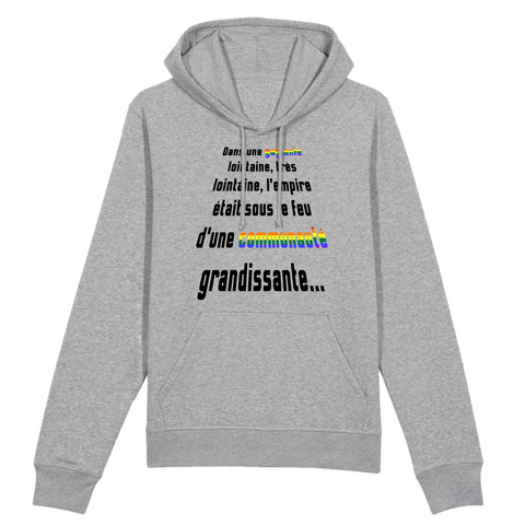 le sweat à capuche de star wars totalement gay ! les films et séries sont bien représentés ici ! le pull est de couleur gris ! pleins de phrases imprimés sur le sweat